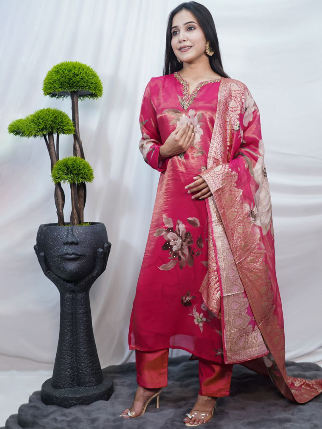 Swastik by Aakarshan Women Floral Printed Regular Zardozi Kurta with Trousers & With Dupatta