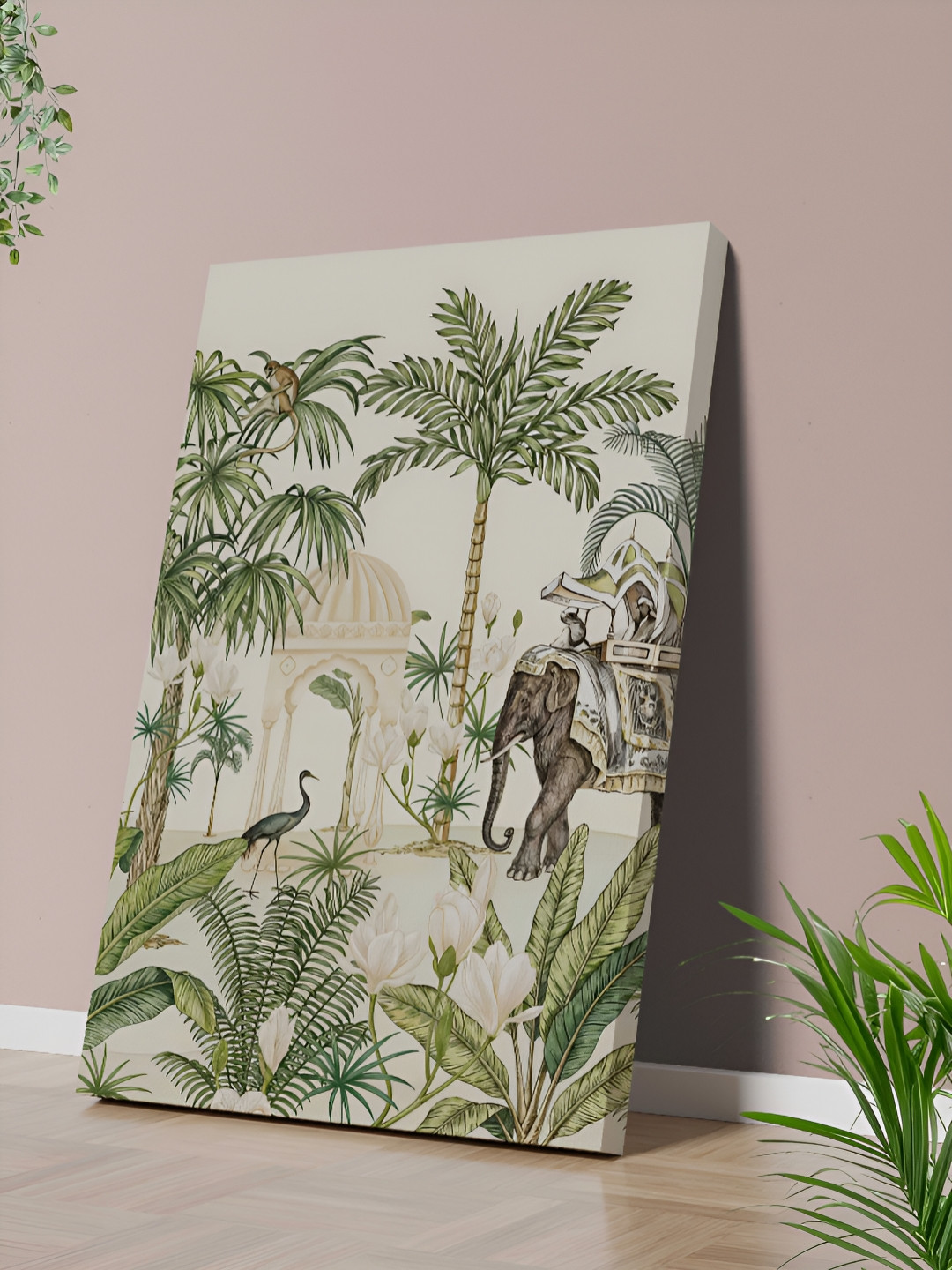 Aura Green & White Palm Trees & Elephant Print Canvas Wall Art