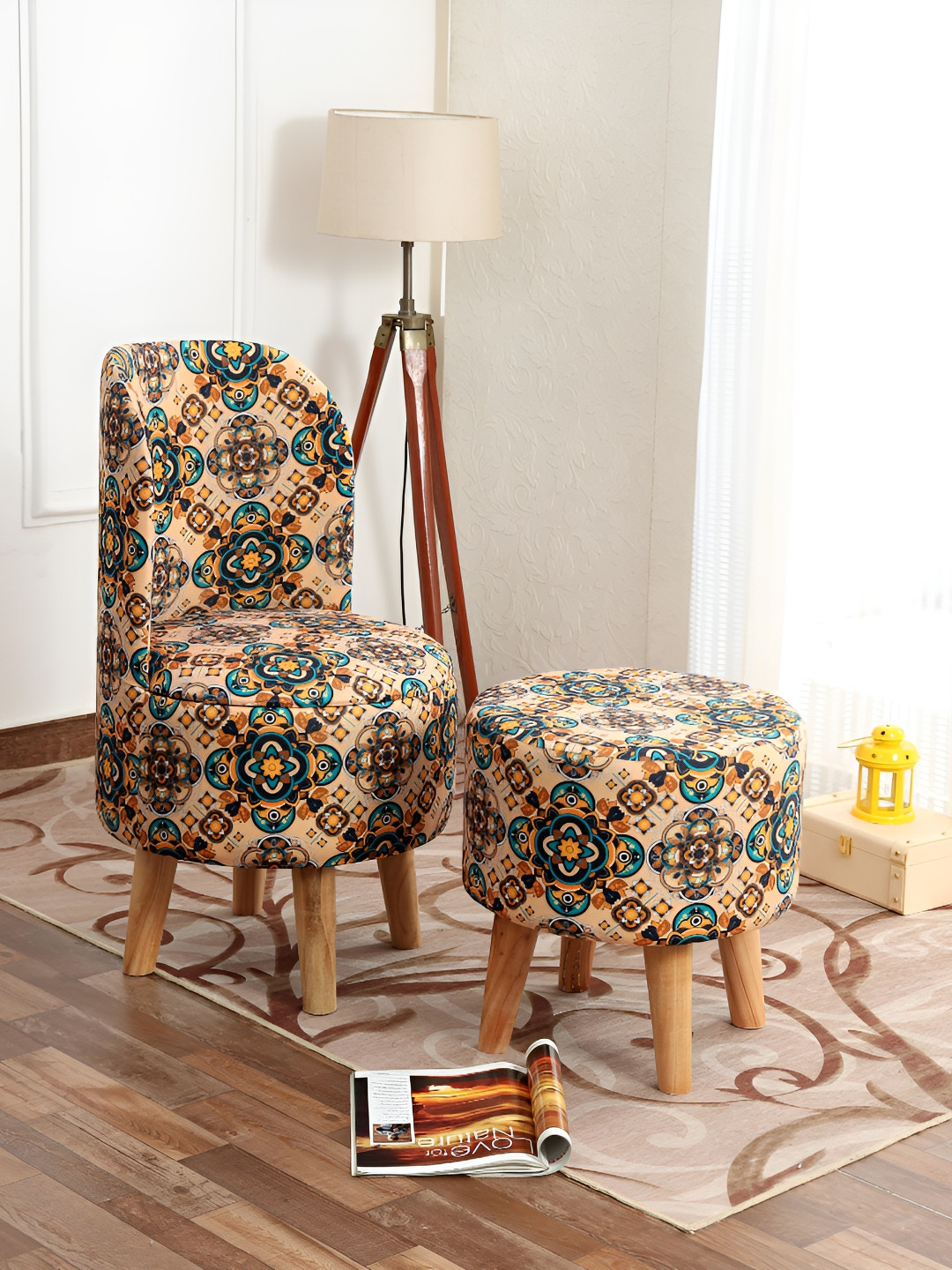 NACIA 2 Pcs Green & Beige Printed Wooden Round Chair & Stool Ottomans
