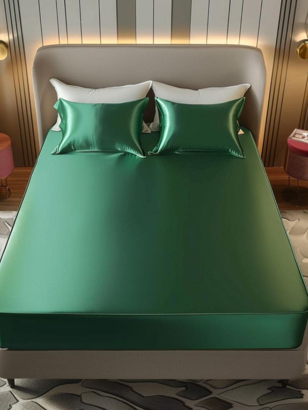 COOLBEDS Green Poly Satin 400 TC Fitted King Superfine Bedsheet with 2 Pillow Covers-72 x 80 inches