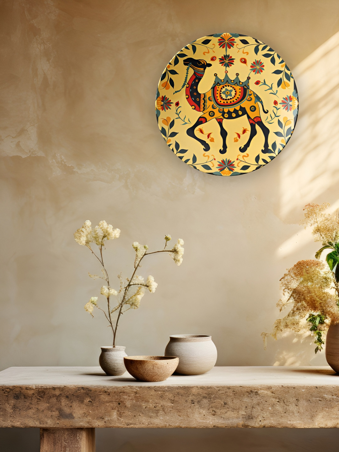THE QUIRKY HOME A Vibrant Camel Ceramic Ethnic Motifs Glossy Hanging Hall Wall Plates-10In