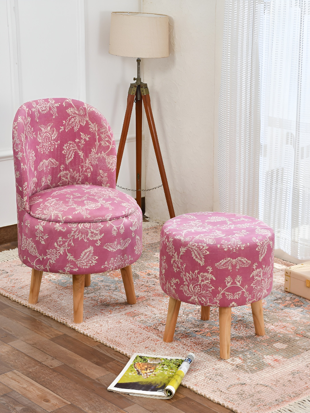 NACIA  Pink And White 2 Piece Printed Wooden Cylindrical Ottoman With Stool