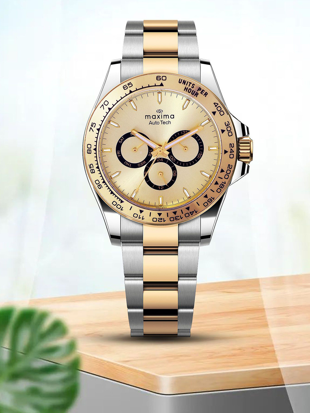 maxima Men Brass Dial & Stainless Steel Bracelet Style Straps Analogue Multi Function Watch 70781CMGT