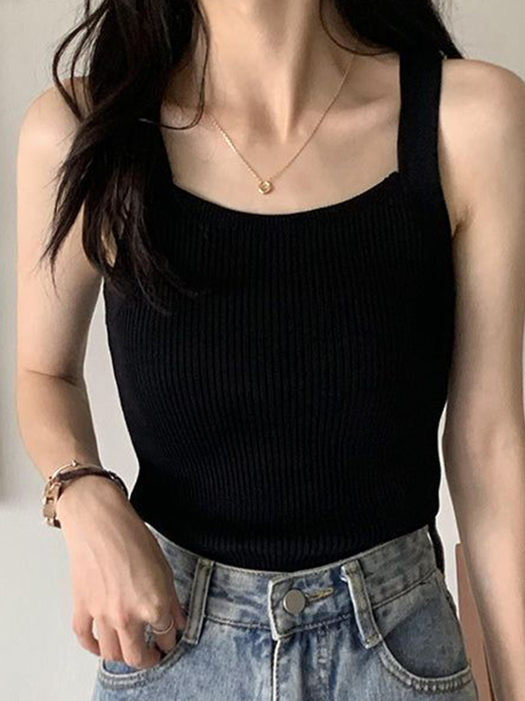 Outzidr Black Square Neck Flat Tank Top