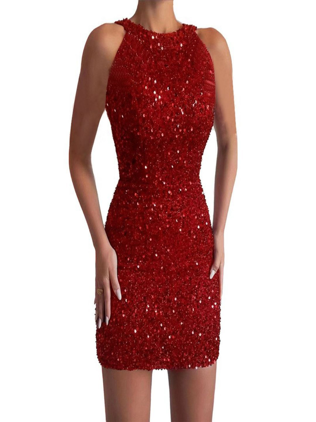 Bebe Women Embellished Halter Neck Sequined Mini Bodycon Dress