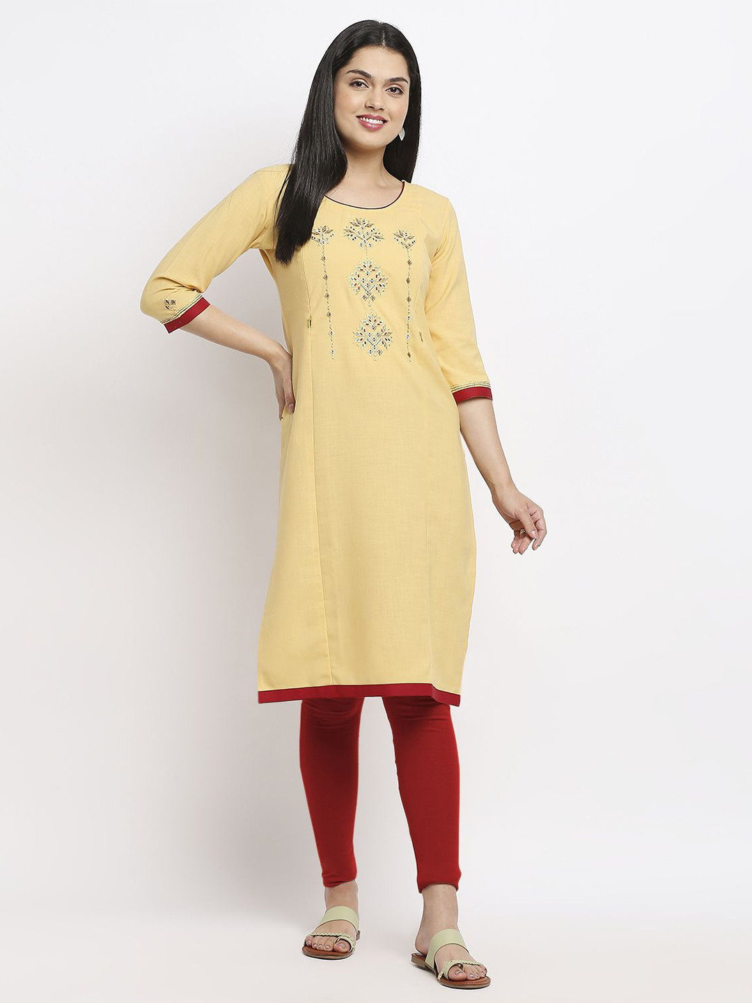 MORDEN MUSE Maternity Embroidered Round Neck Cotton Thread Work Straight Kurta