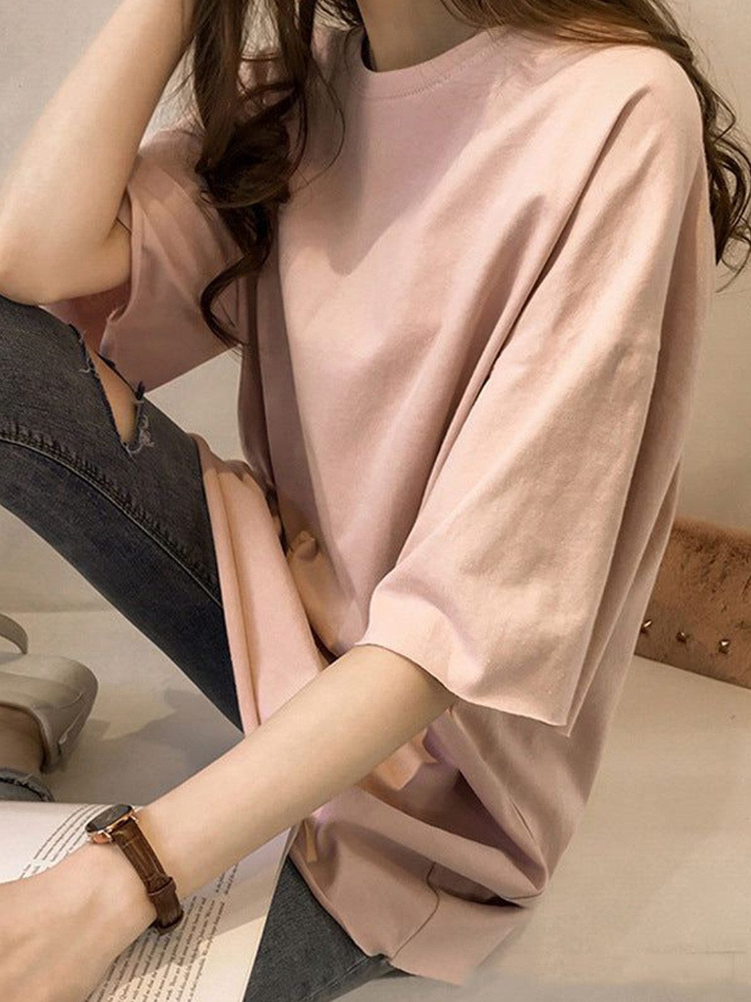 Outzidr Pink Basic Solid Over-Sized T-Shirt