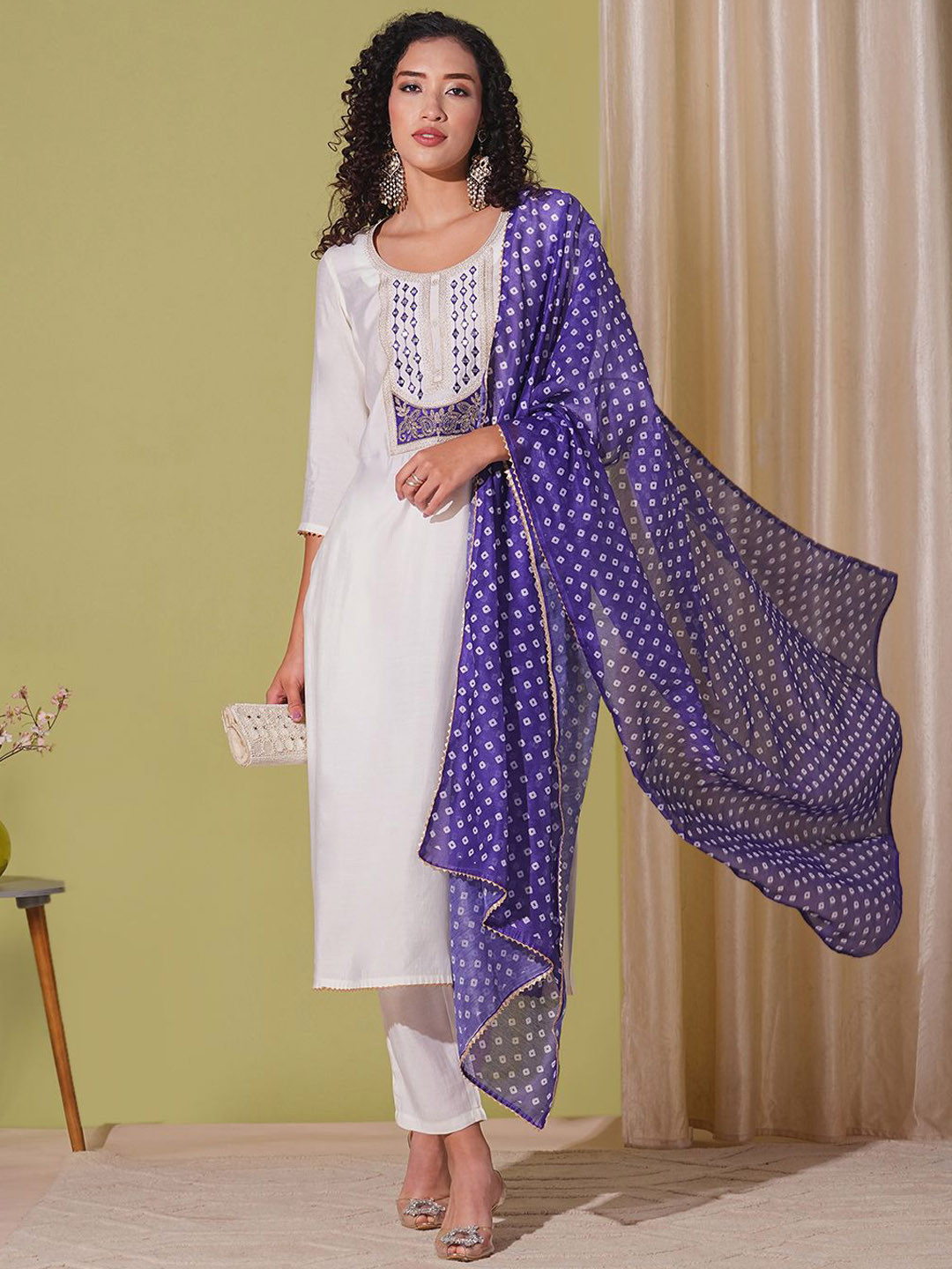 GoSriKi Floral Embroidered Round Neck Mirror Work Straight Kurta With Trousers & Dupatta