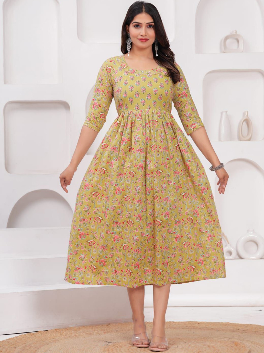 ANUOM Women Lime Green Floral Print Maternity Dress