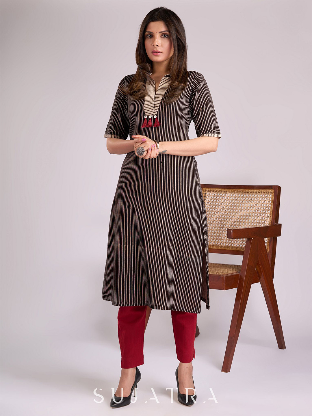 SUJATRA Striped Shirt Collar Cotton Straight Kurta