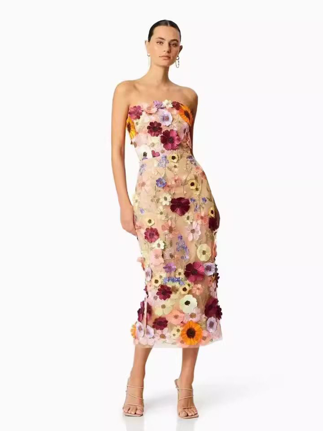 bebe Floral Applique Strapless Sheath Midi Dress