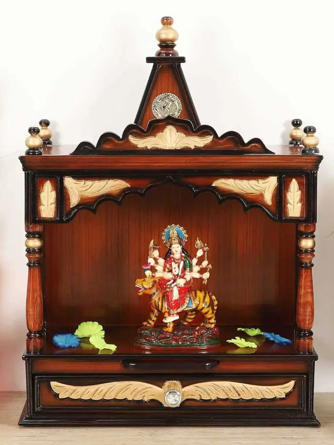 DZYN Furnitures Brown & Yellow Wooden Divya Prakostha Wall Mount Pooja Mandir Without Door