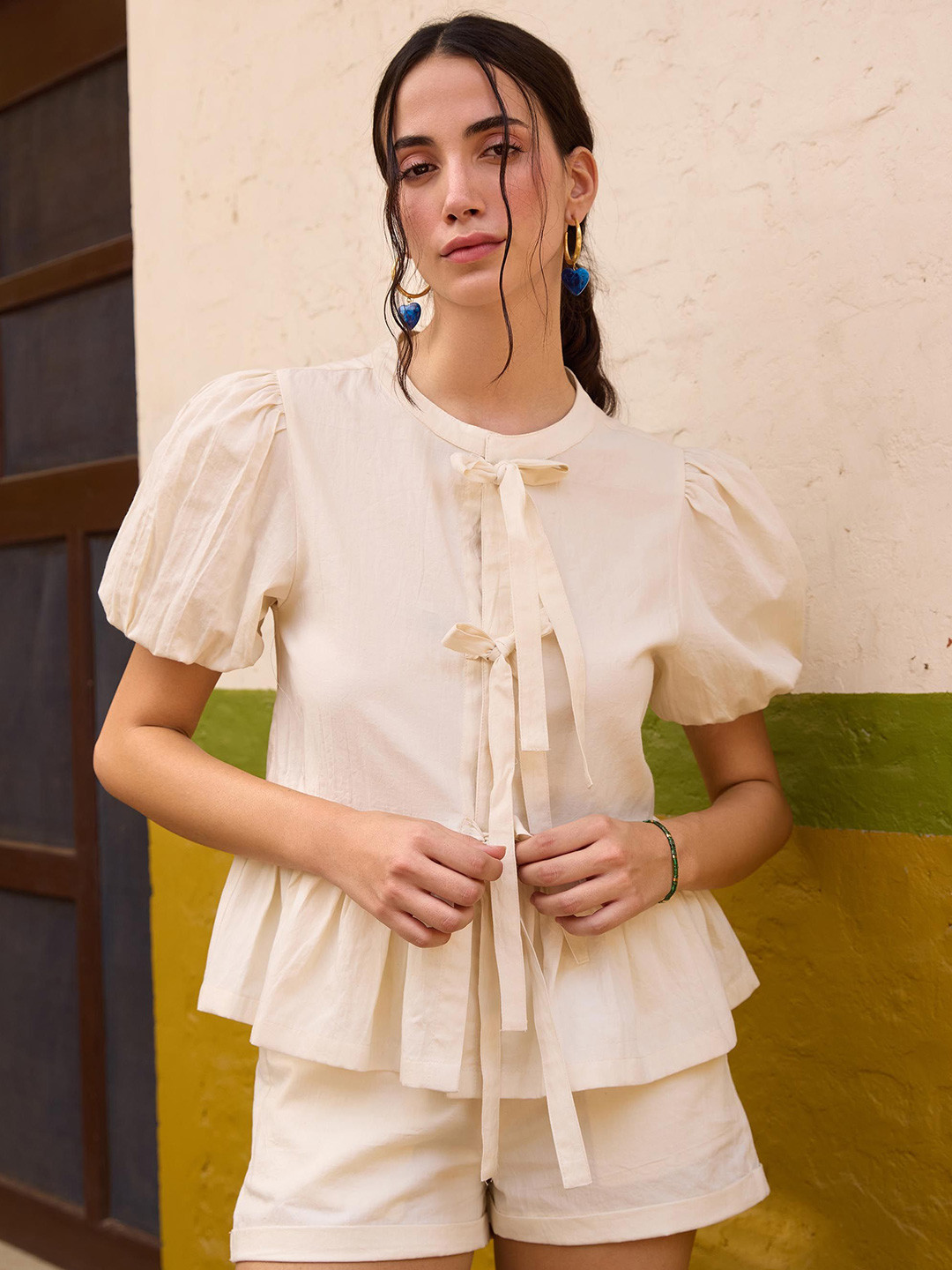 THE CLOTHING FACTORY Tie-Up Neck Puff Sleeve Cotton Top