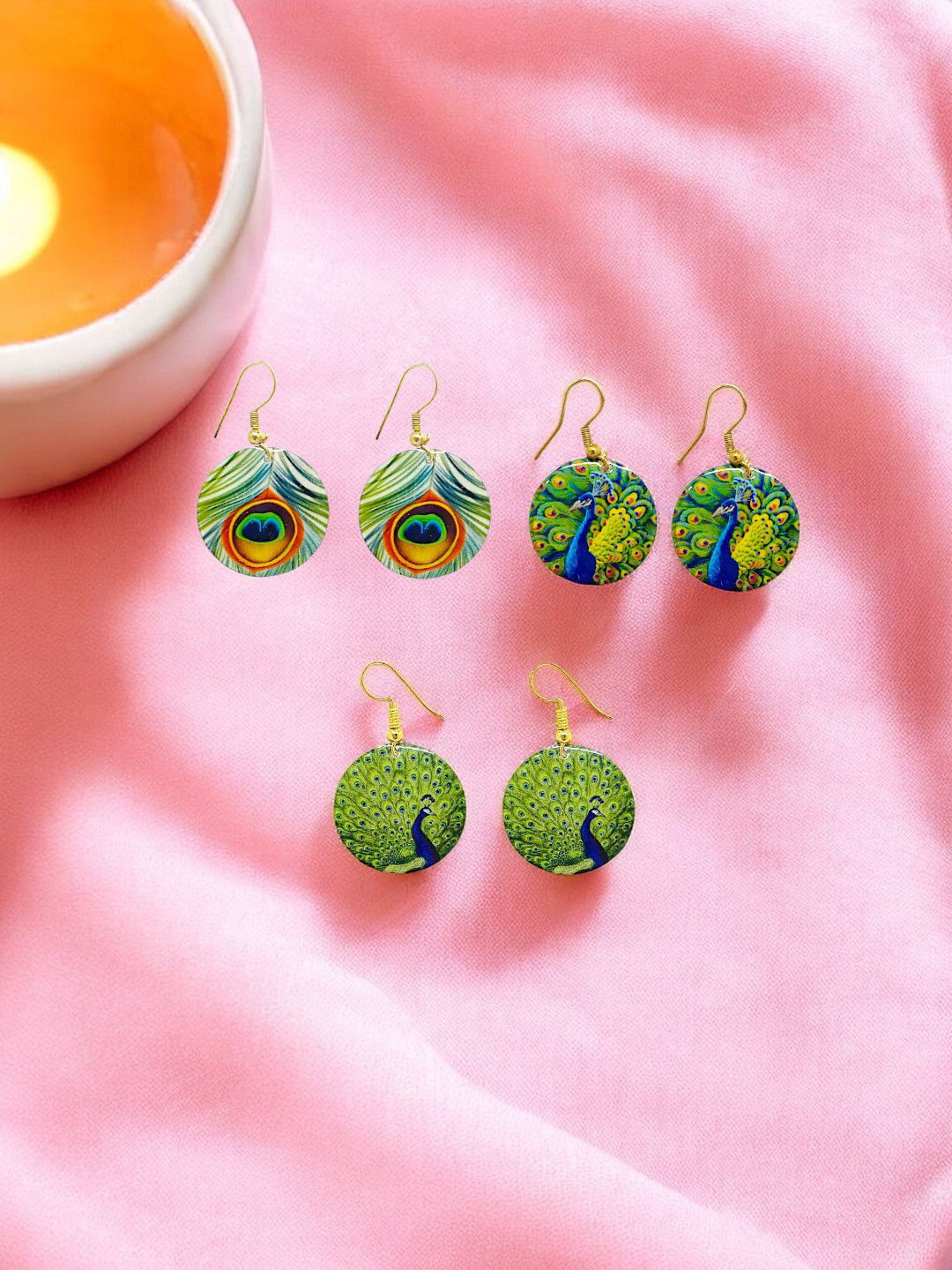 FEMMIBELLA Set Of 3 Circular Peacock Design Drop Earrings