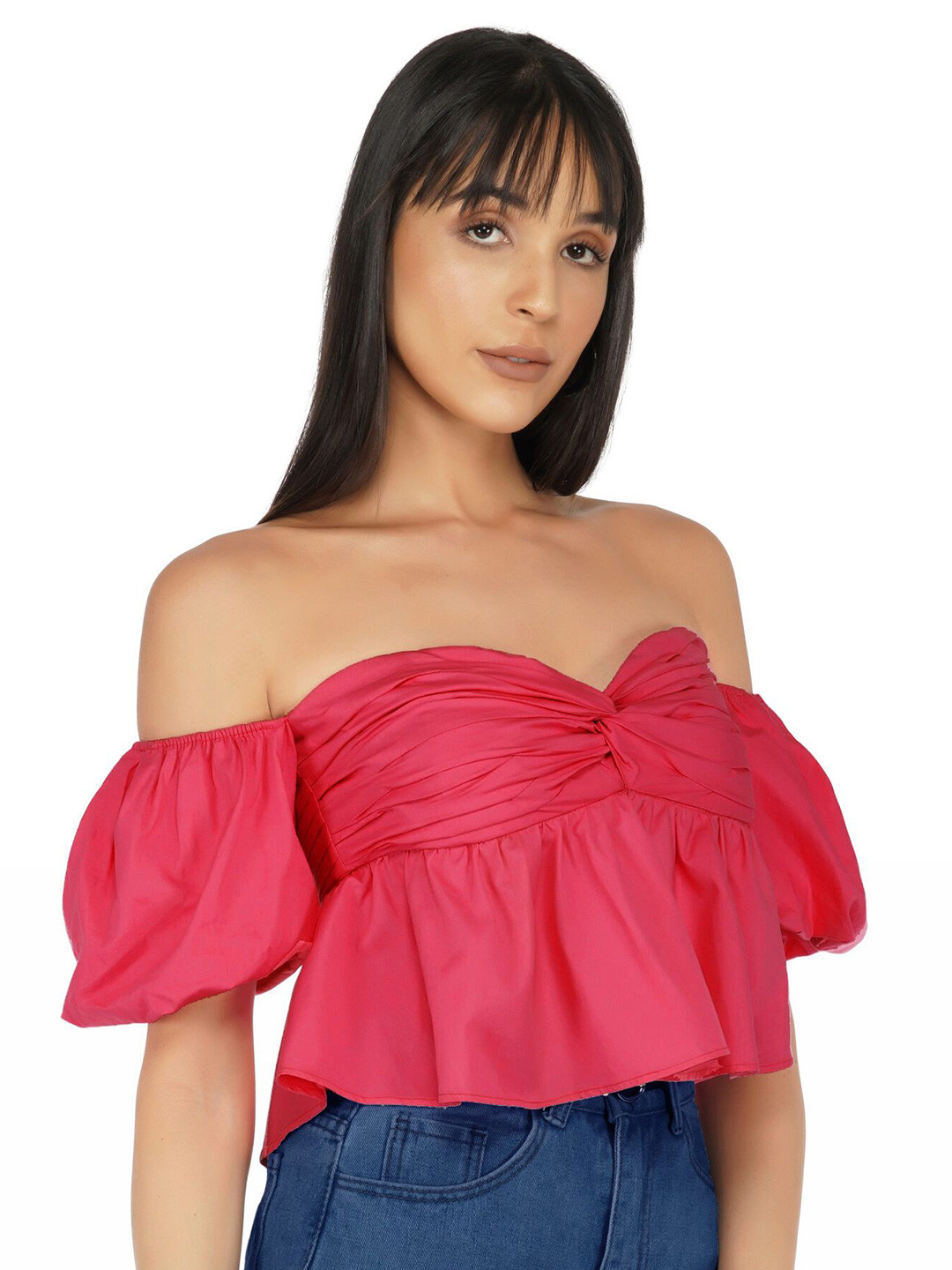 THE CLOTHING FACTORY Off-Shoulder Puff Sleeve Cotton Bardot Crop Top