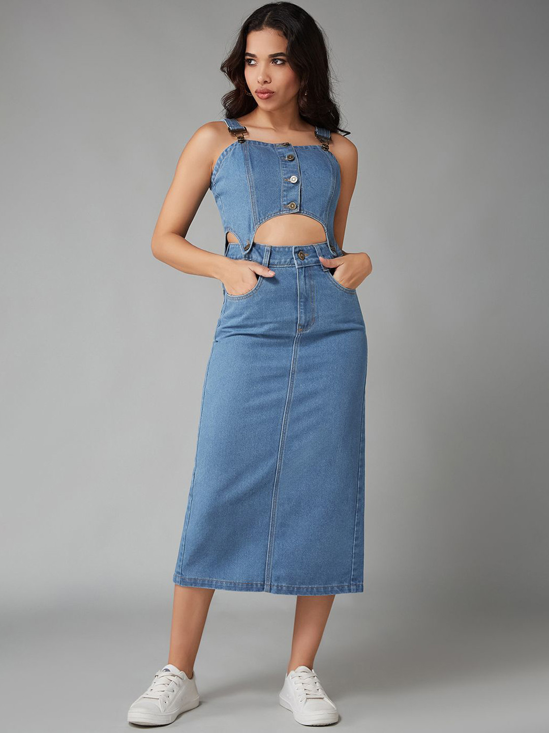 DOLCE CRUDO Shoulder Straps Crop Top with Skirt Detachable Denim Co-Ords