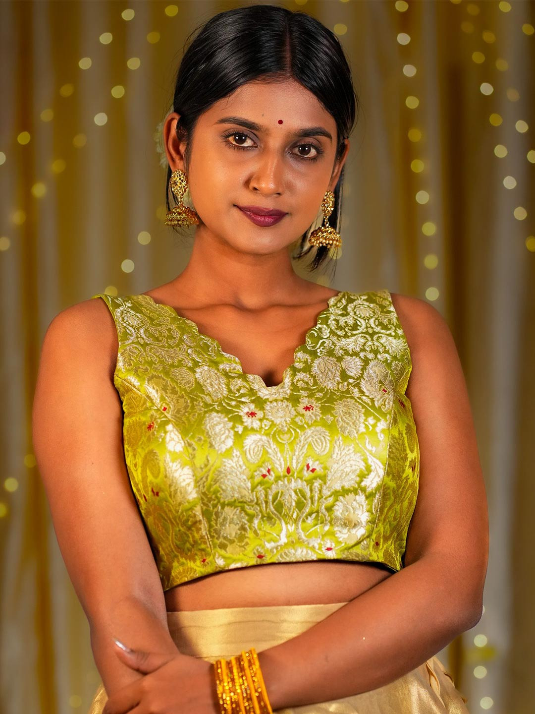 I LOVE SAREES Women Lime Green Scallop V-Neck Banarasi Blouse