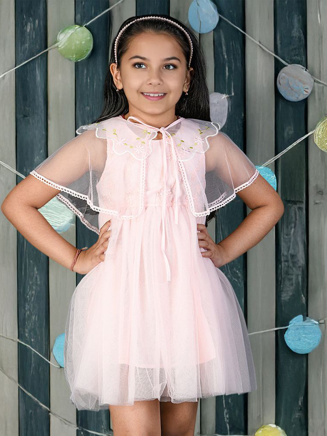 Kids On Boardn Girl's Pink Net Fit & Flare Dress  with Cape