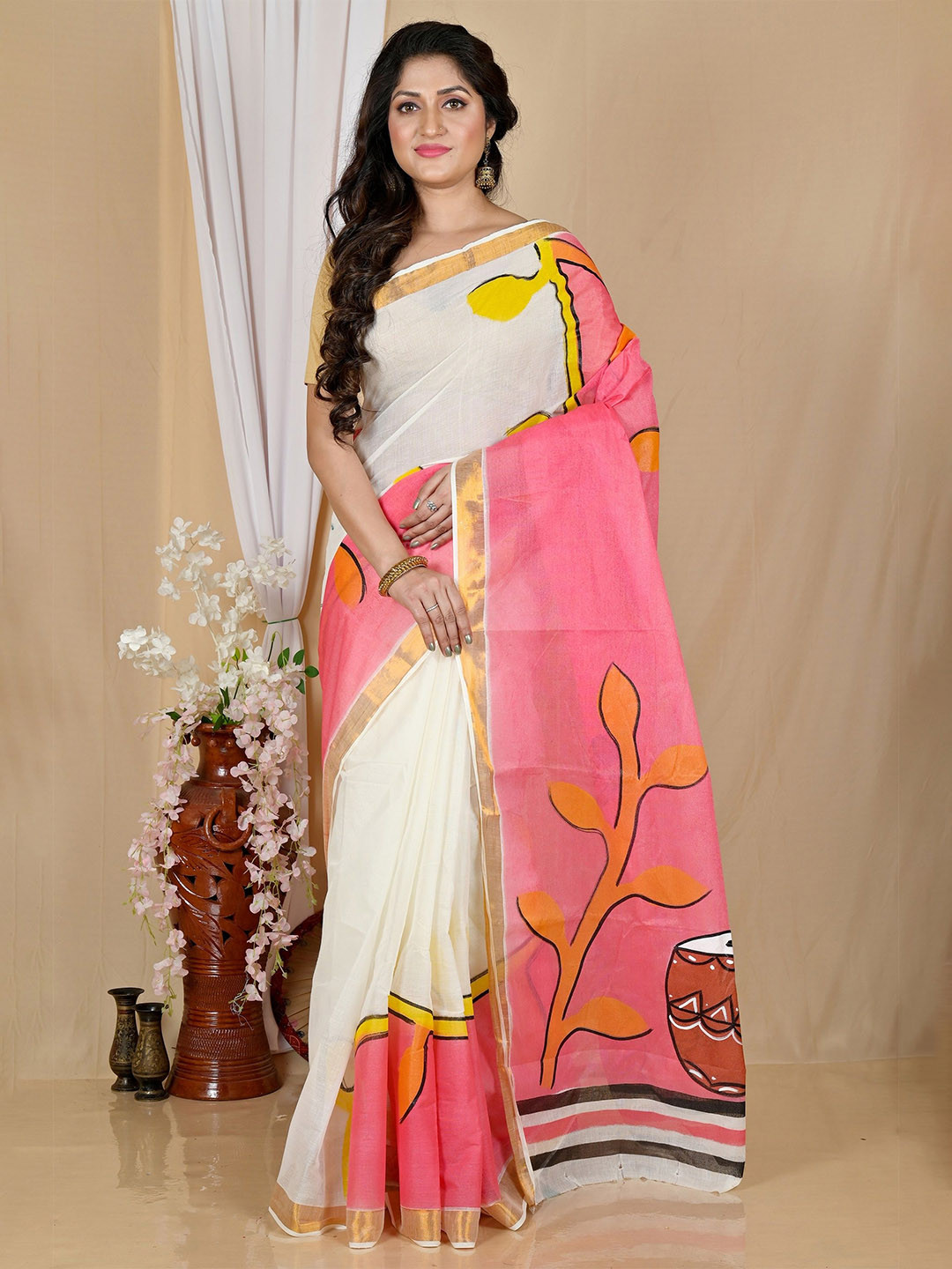 DipDiya Pure Cotton Taant Hand Painted Saree Saree
