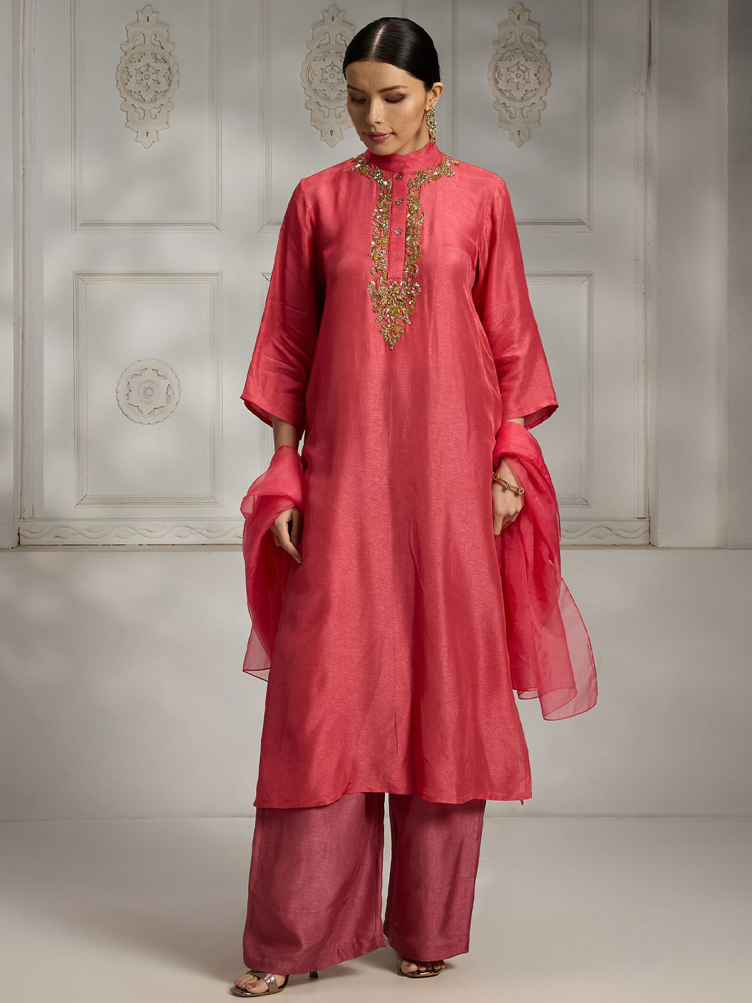 Rivaar By Rocky Star Floral Yoke Design Band Collar Sequins Silk Straight Kurta