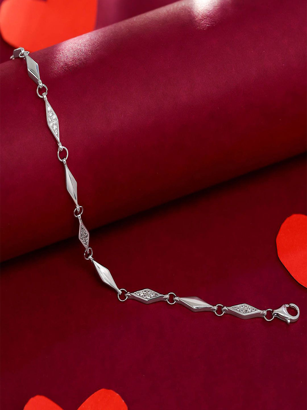 Tweov Jewels Women 925 Sterling Silver Rhodium-Plated CZ Geometric Link Chain Bracelet