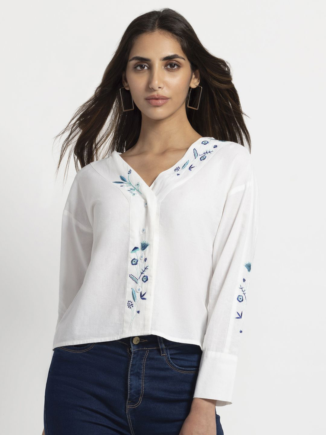 SHAYE Women Smart Floral Embroided Long Sleeves Casual Shirt