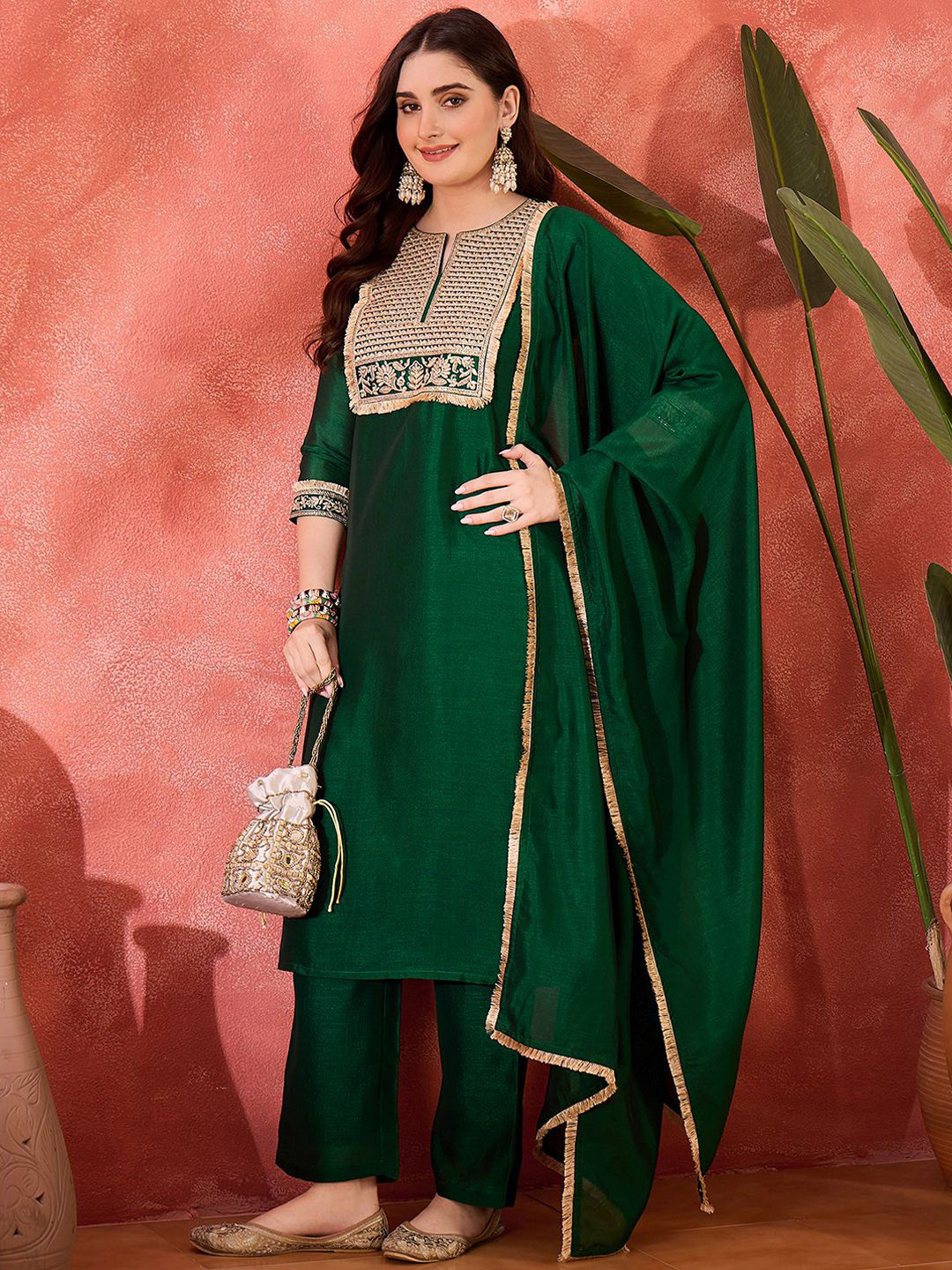 Sangria Zari & Sequin Cording Embroidered Straight Kurta & Trousers With Dupatta