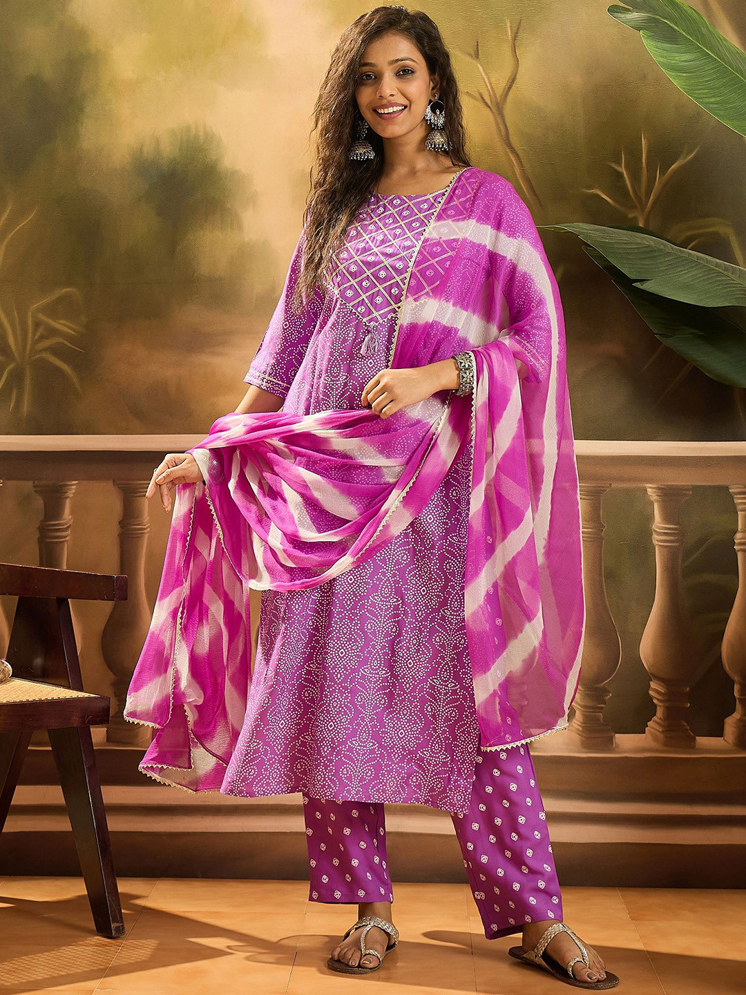 Sangria Bandhej Printed Straight Kurta & Trousers With Dupatta