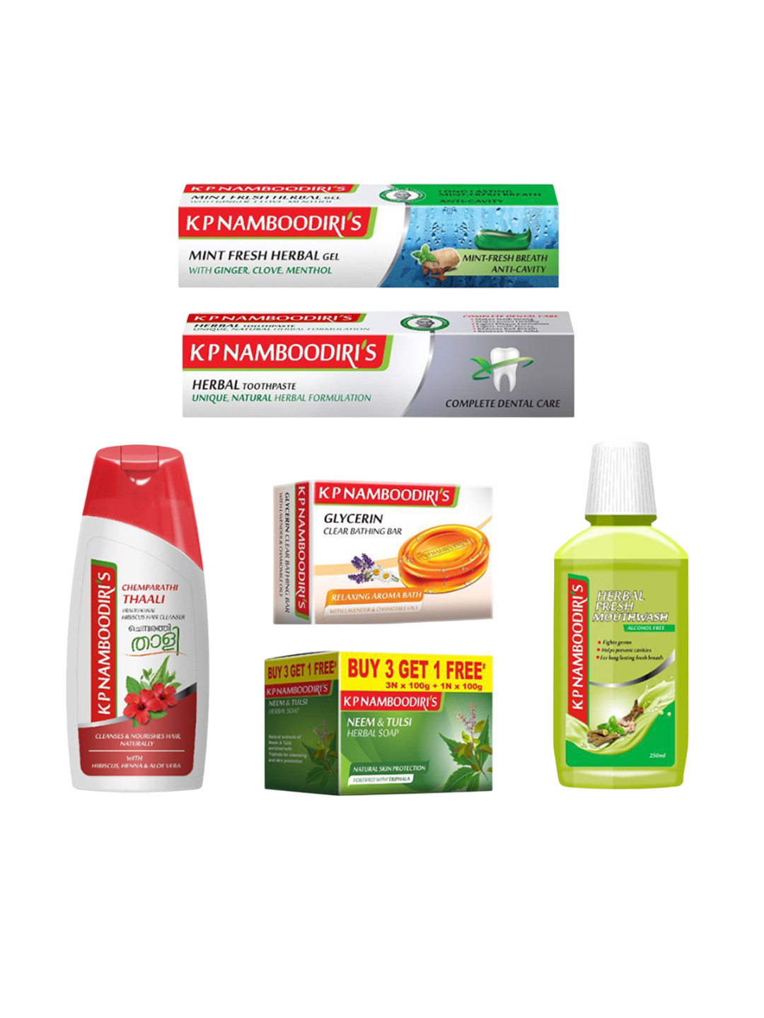K P Namboodiri's Set Of 6 Toothpaste, Mouthwash, Hair Cleanser & Soap Combo