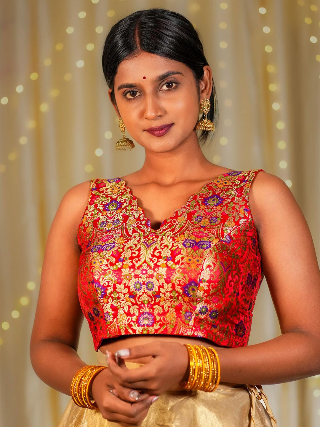 I LOVE SAREES Red Multicolor Scallop V-neck Banarasi Blouse