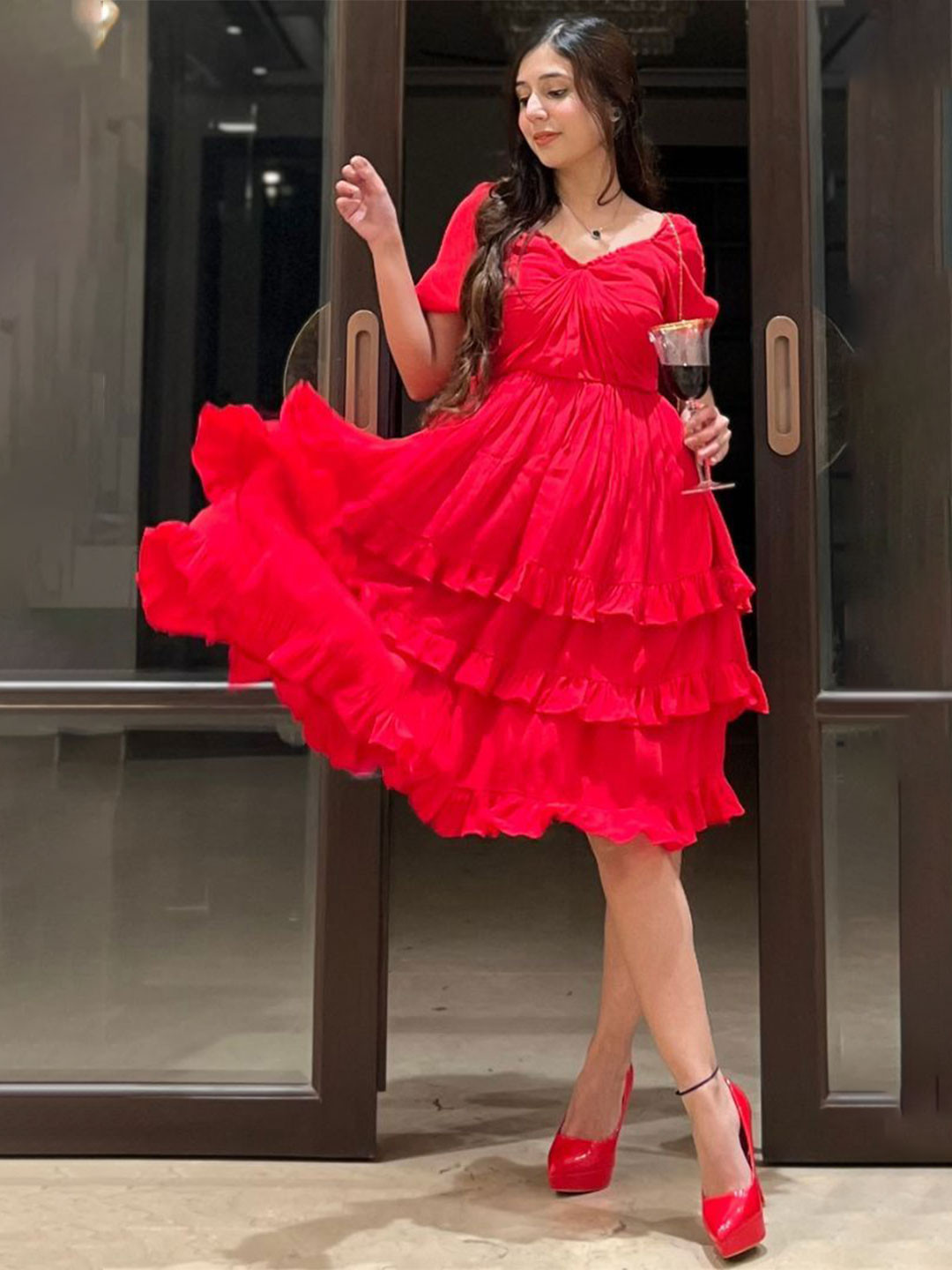 HOUSE OF JAMOTI Women Cherry Red Ruffle Dress