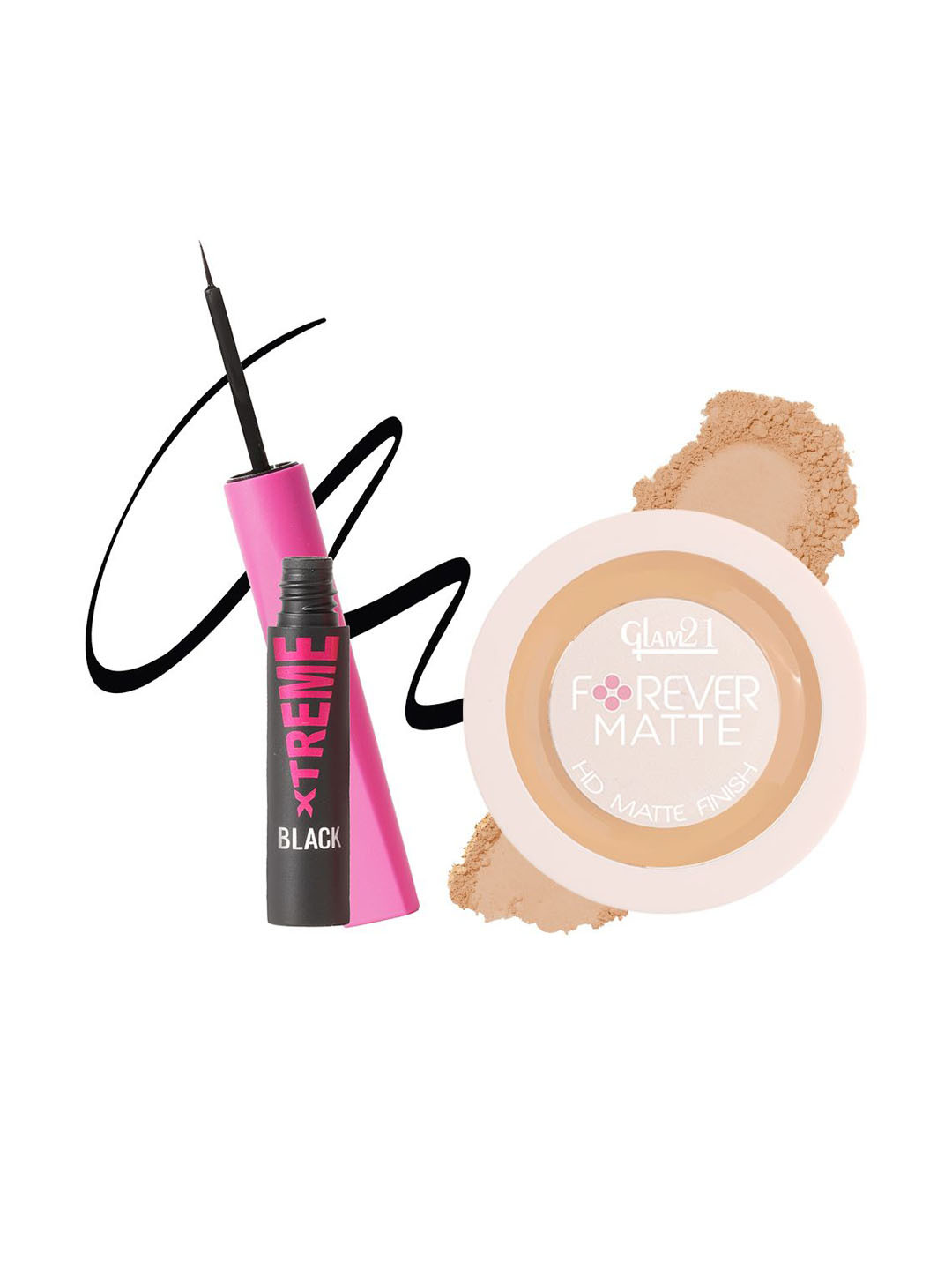 GLAM21 Set Of 2 Forever Matte Compact Powder- Light Beige 02 & Xtreme Eyeliner - Black 4ml