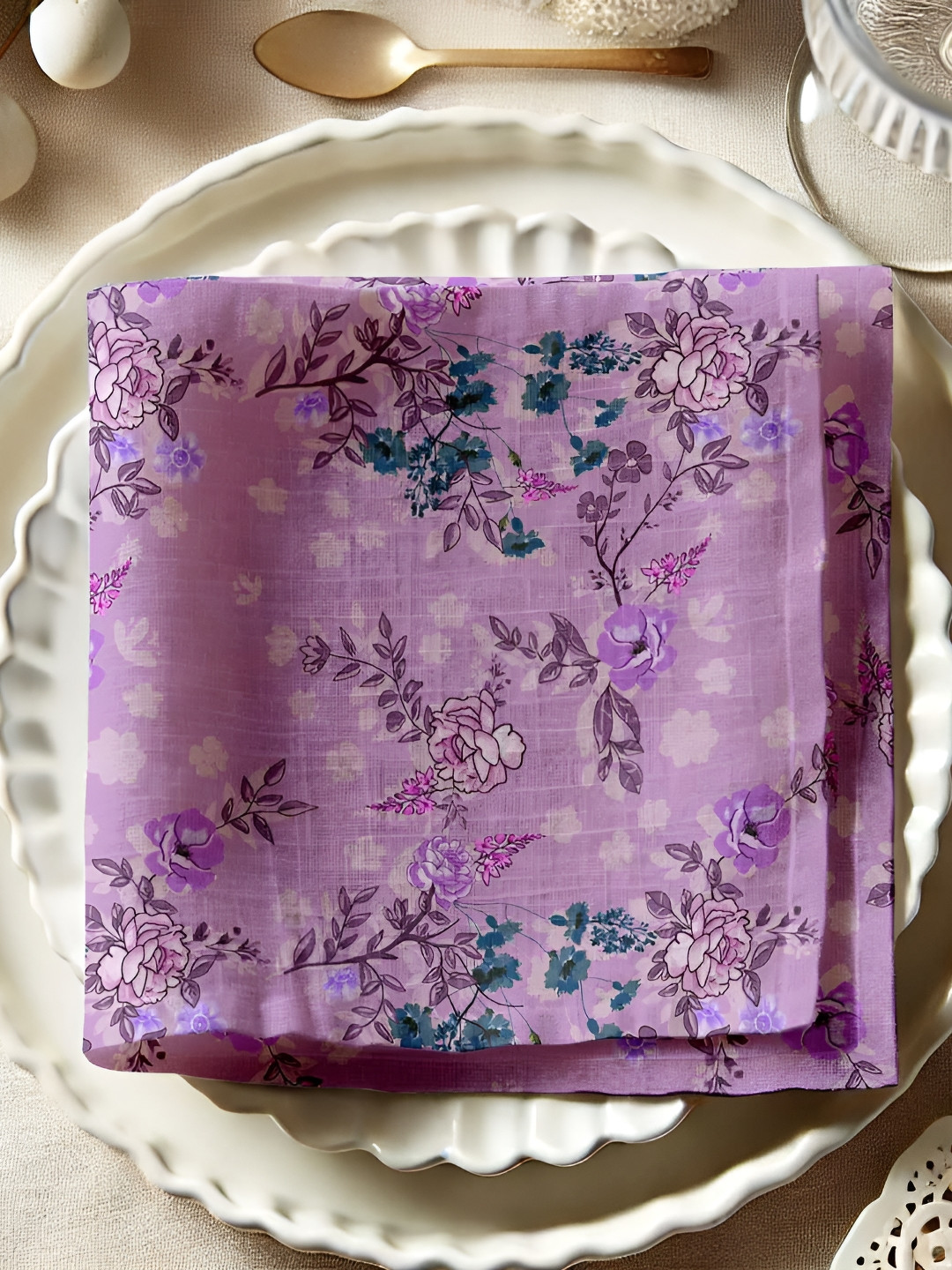 Vargottam Lavender & Green 12 Pieces Printed Cotton Reusable & Disposable Table Napkins