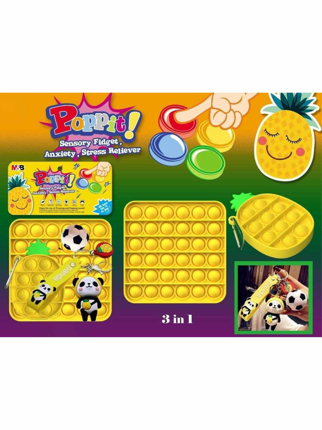 YK 3-in-1 Pop It Fidget Toy Set Square & Pineapple With Panda Keychain