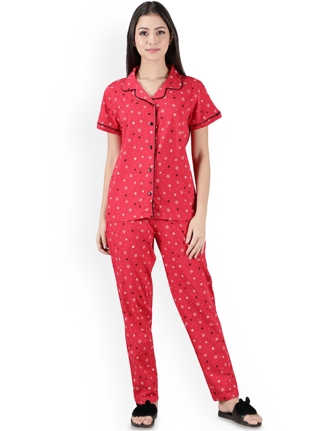 LABEL MY Womens Red Star Lapel Collar Nightsuit
