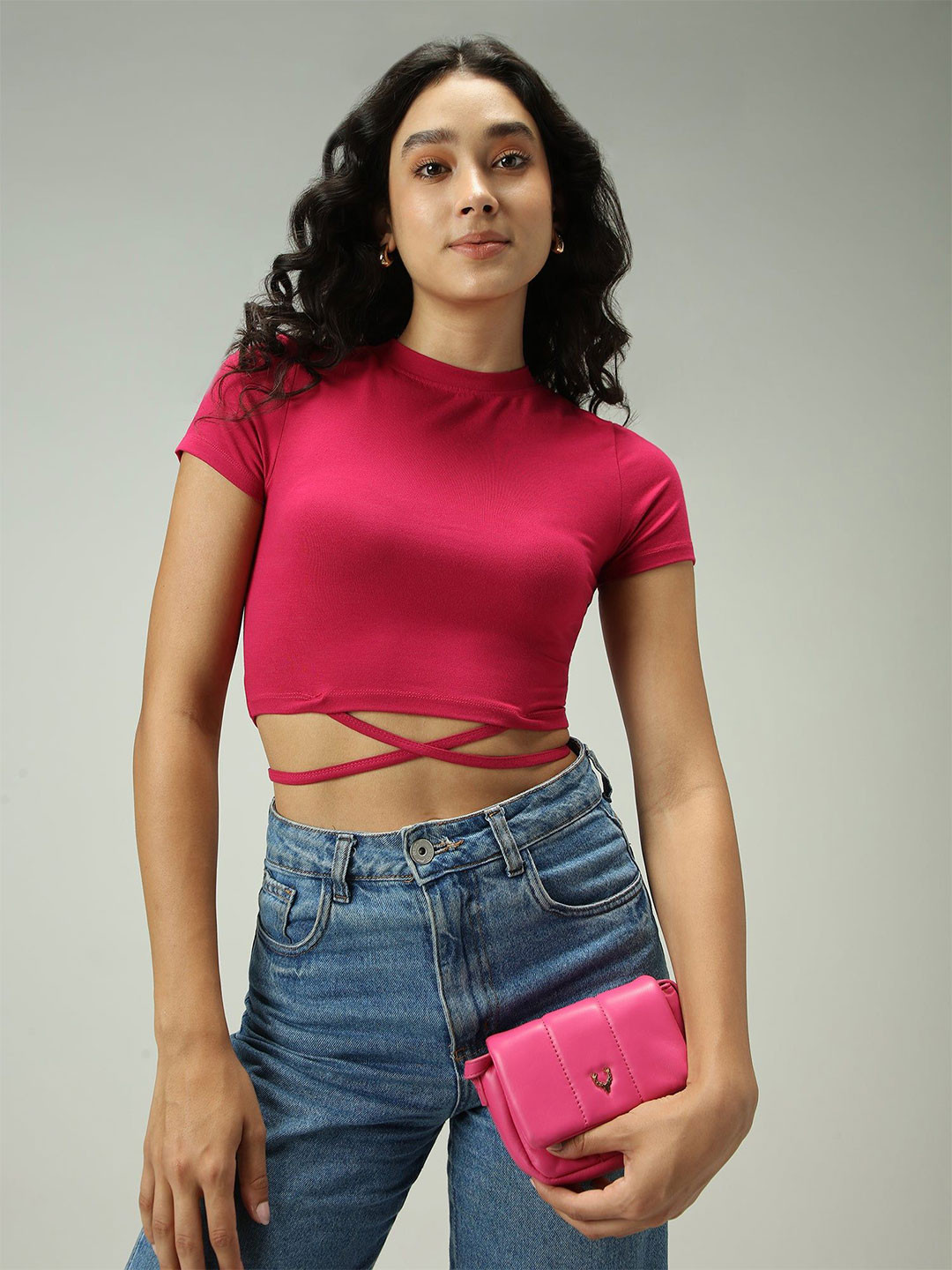 Outzidr Pink Criss Cross Bottom Tie Up Top