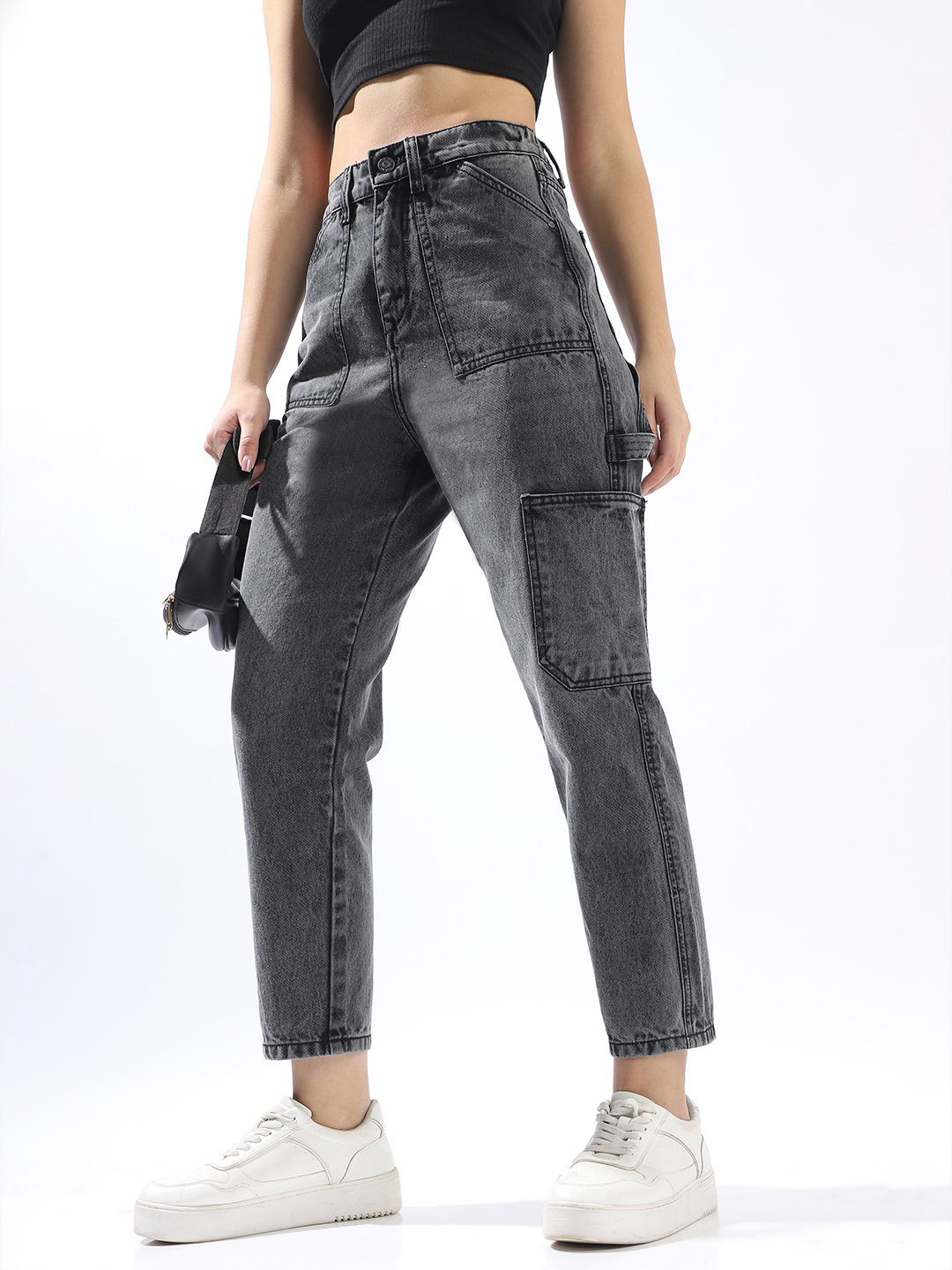 High Star Women Comfort High-Rise Clean Look Light Fade Cargo Styles Jeans