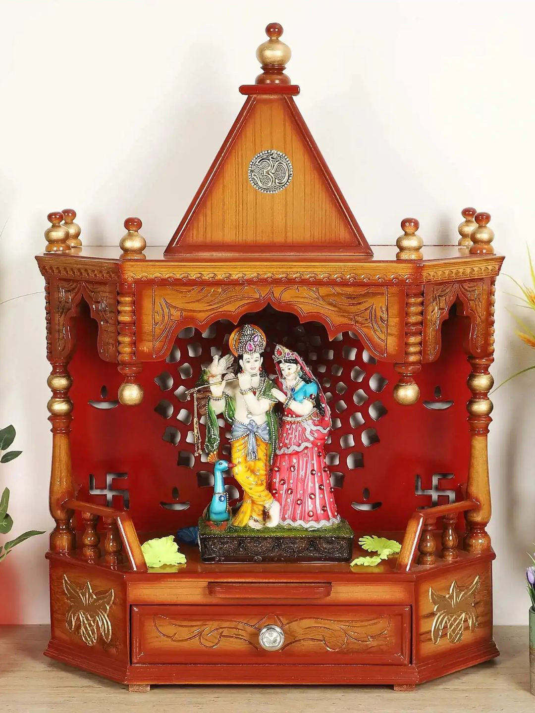 DZYN Furnitures Brown & Yellow Wooden Aikyam Wall Mount Pooja Mandir