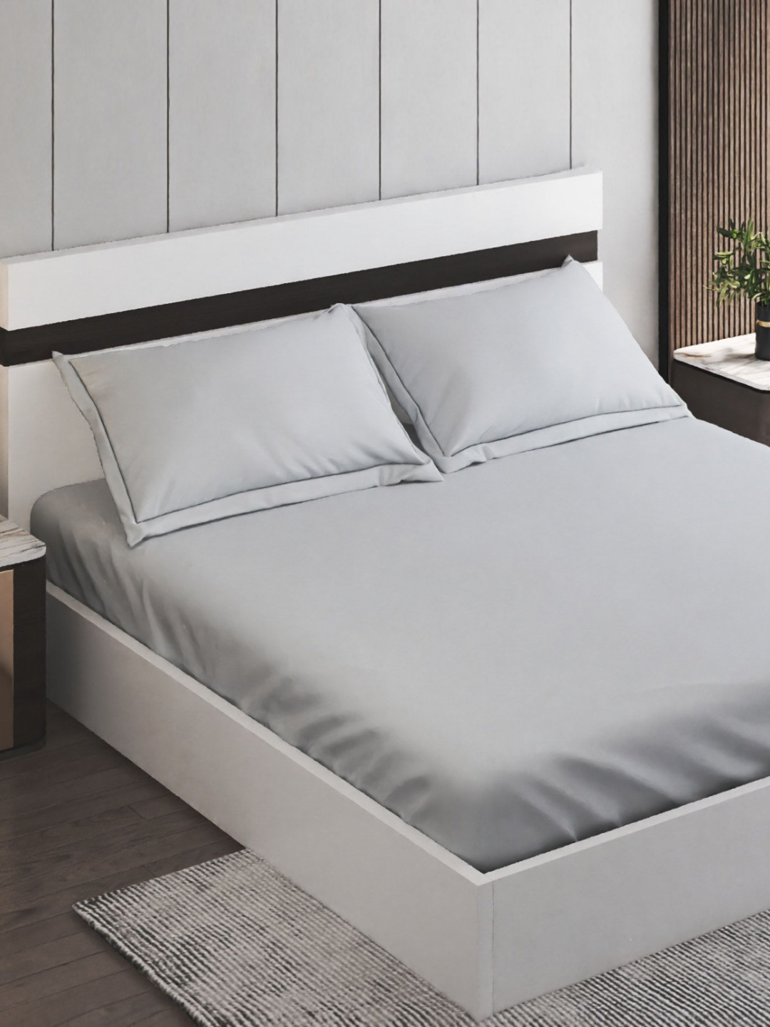 Home Centre Sienna Grey Cotton 144 TC Fitted King Bedsheet with 2 Pillow Covers-108 x 108 inches