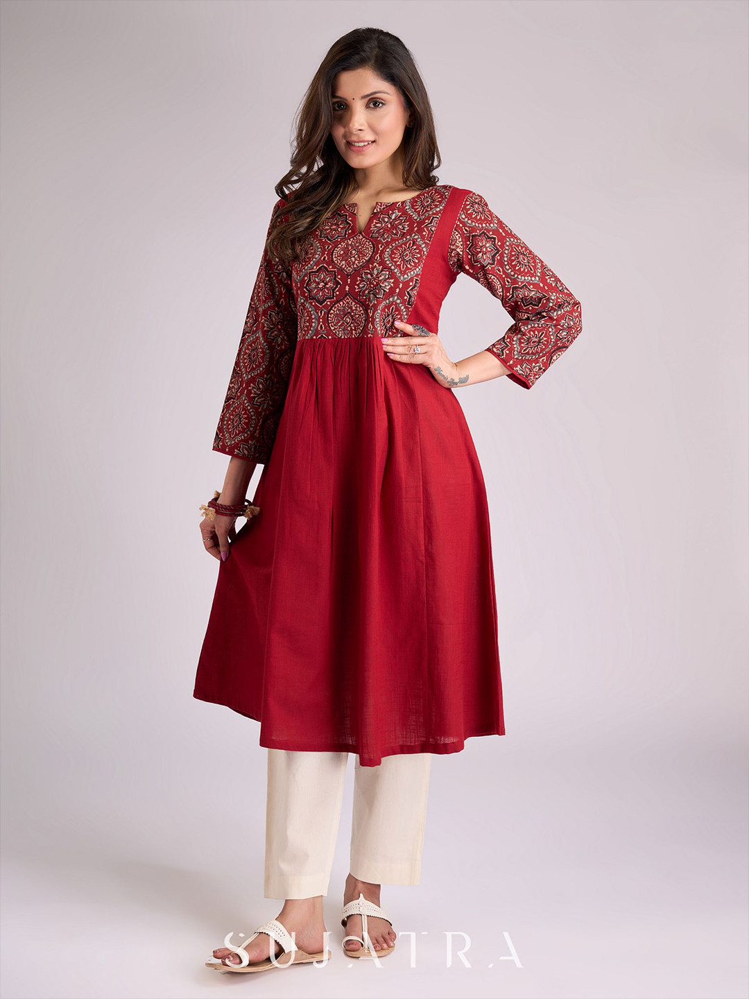 SUJATRA Floral Ajrakh Yoke Design Notch Neck Pleated Cotton A-Line Kurta