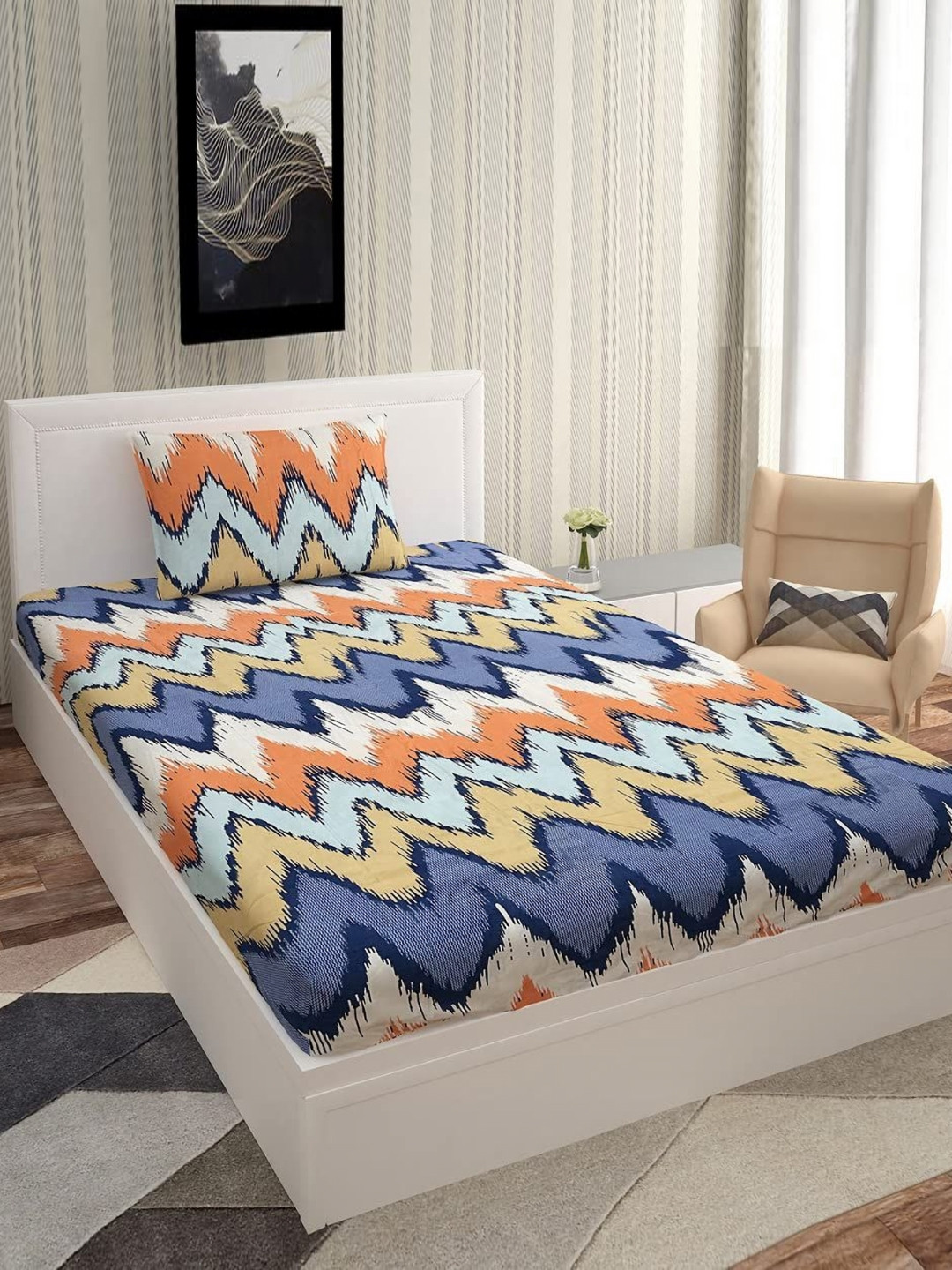 METRO LIVING Yellow Chevron Microfiber Breathable 130 TC Single Bedsheet with a Pillow Cover-85 x 57 inches