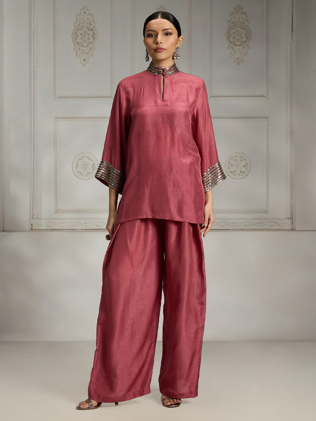 Rivaar By Rocky Star Mandarin Collar Thread Work Straight Kurta