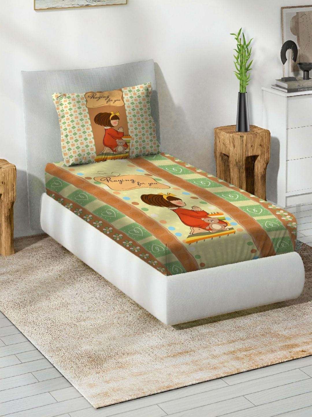 Steve & Anderson Purerest Green Printed Cotton 144TC Single Bedsheet Set 1.50 m x 2.25 m