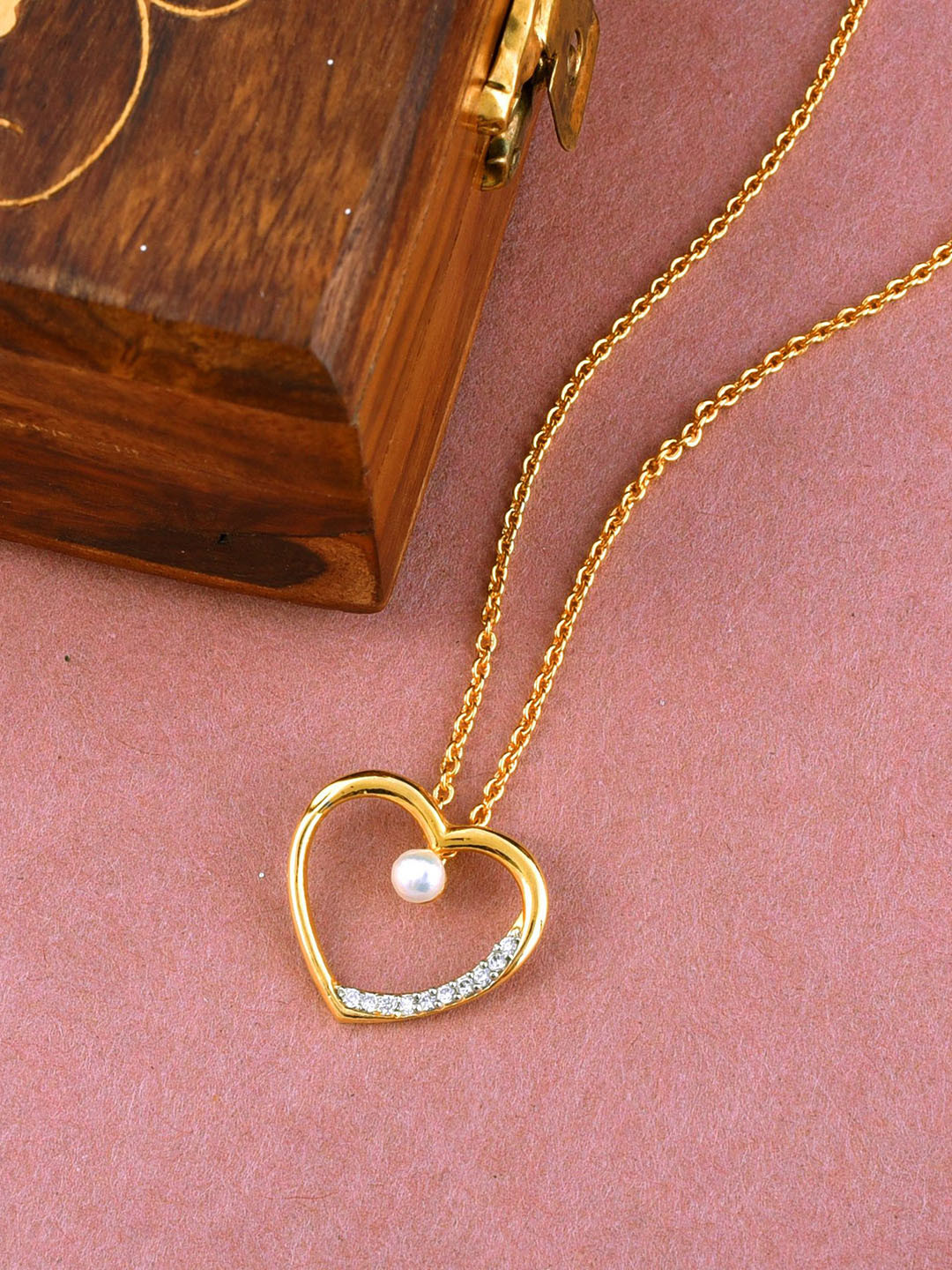 SHILLYN Gold-Plated Stones Studded Pearls Beaded Heart Shaped Pendants With Chain