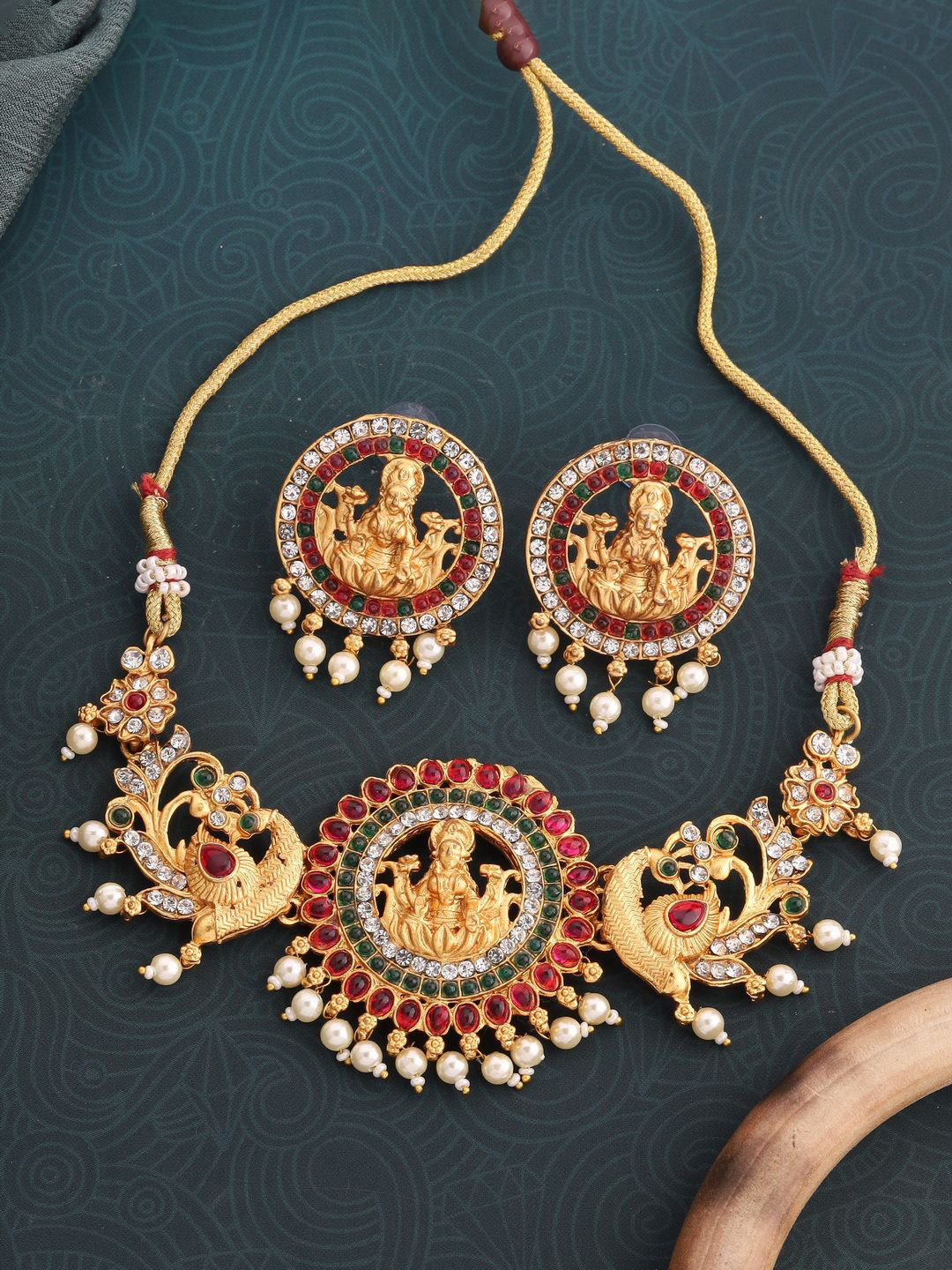 Feelwhiz Gold -Plated Stone-Studded & Beaded Laxmi Choker Temple Necklace & Earrings