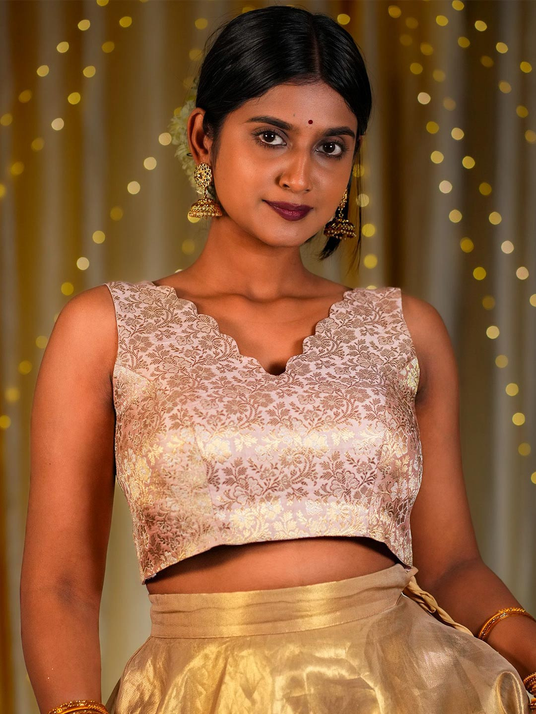 I LOVE SAREES Blush Pink Scallop V-neck Banarasi Blouse