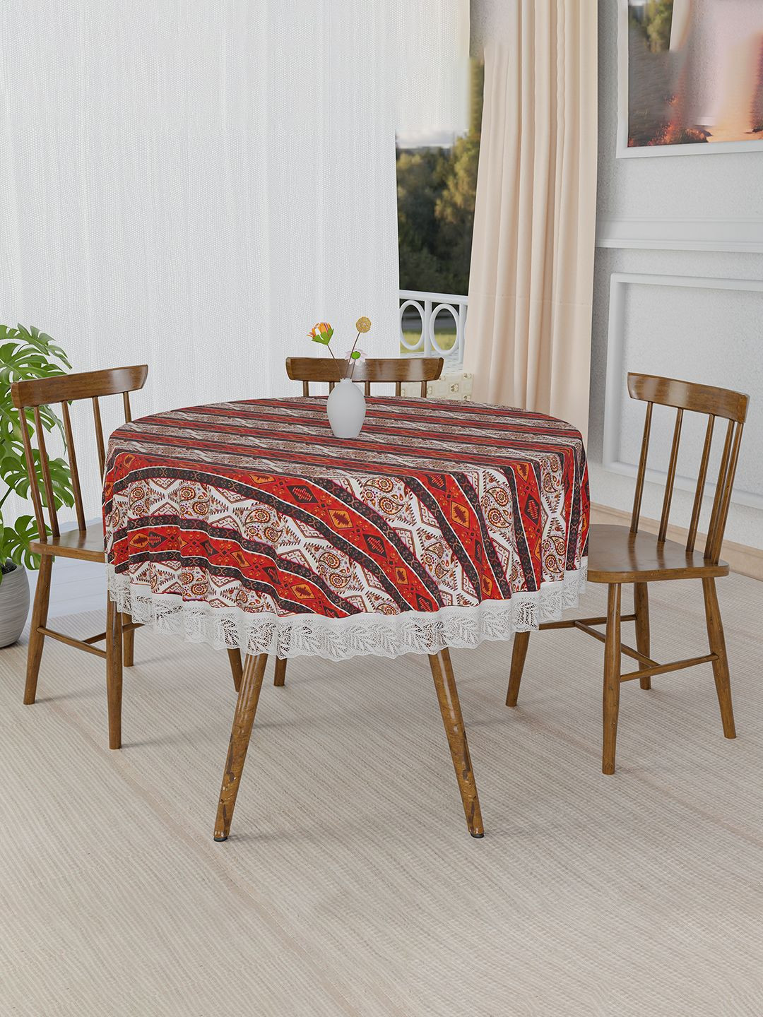 Kuber Industries Brown & White Printed 4-Seater PVC Round Table Cover