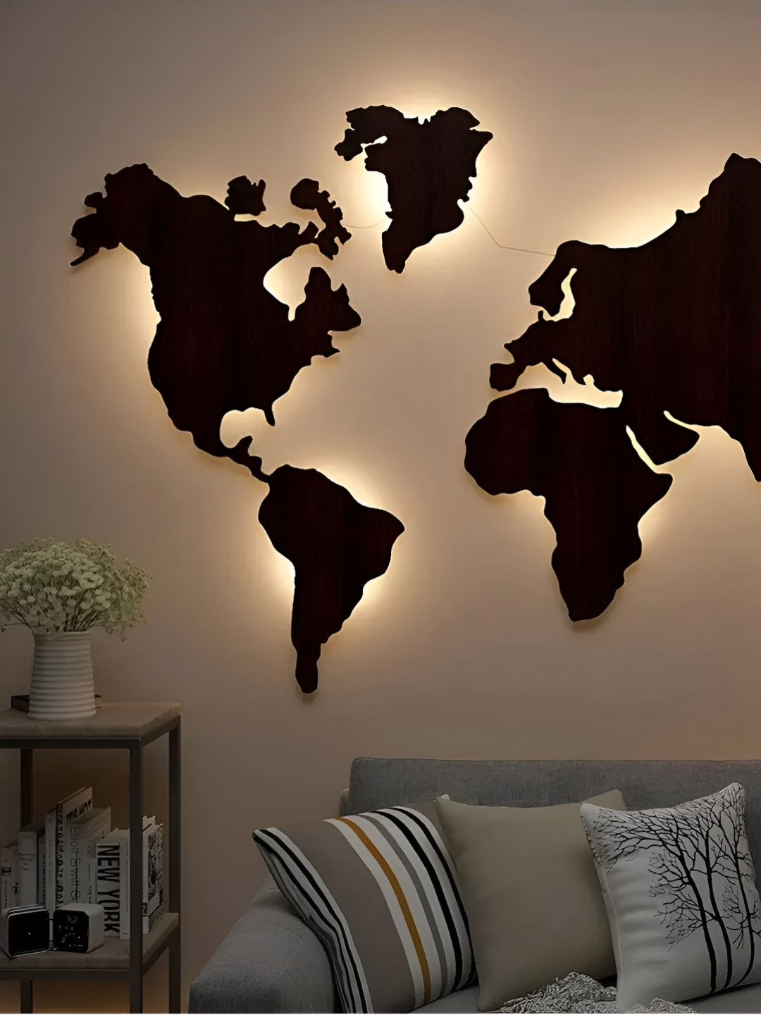 DEKORSTATION Brown Textured Wooden World Map Shaped Wall Lamp