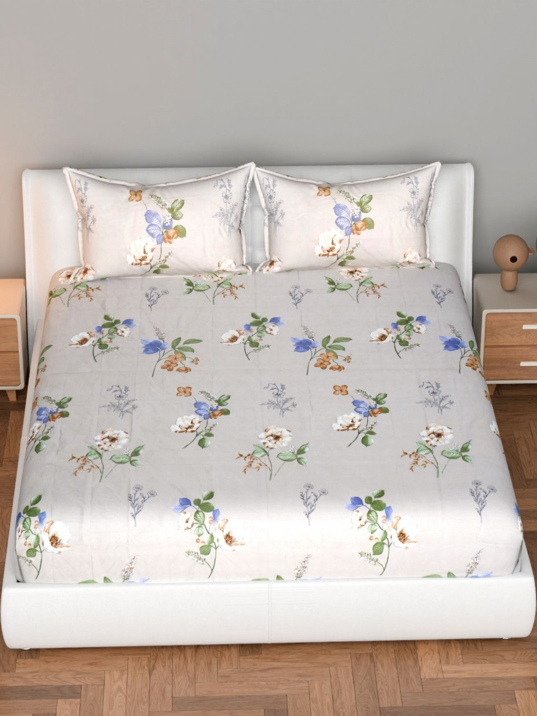Florida Beige & Blue 180 TC Single Bedsheet with 1 Pillow Covers