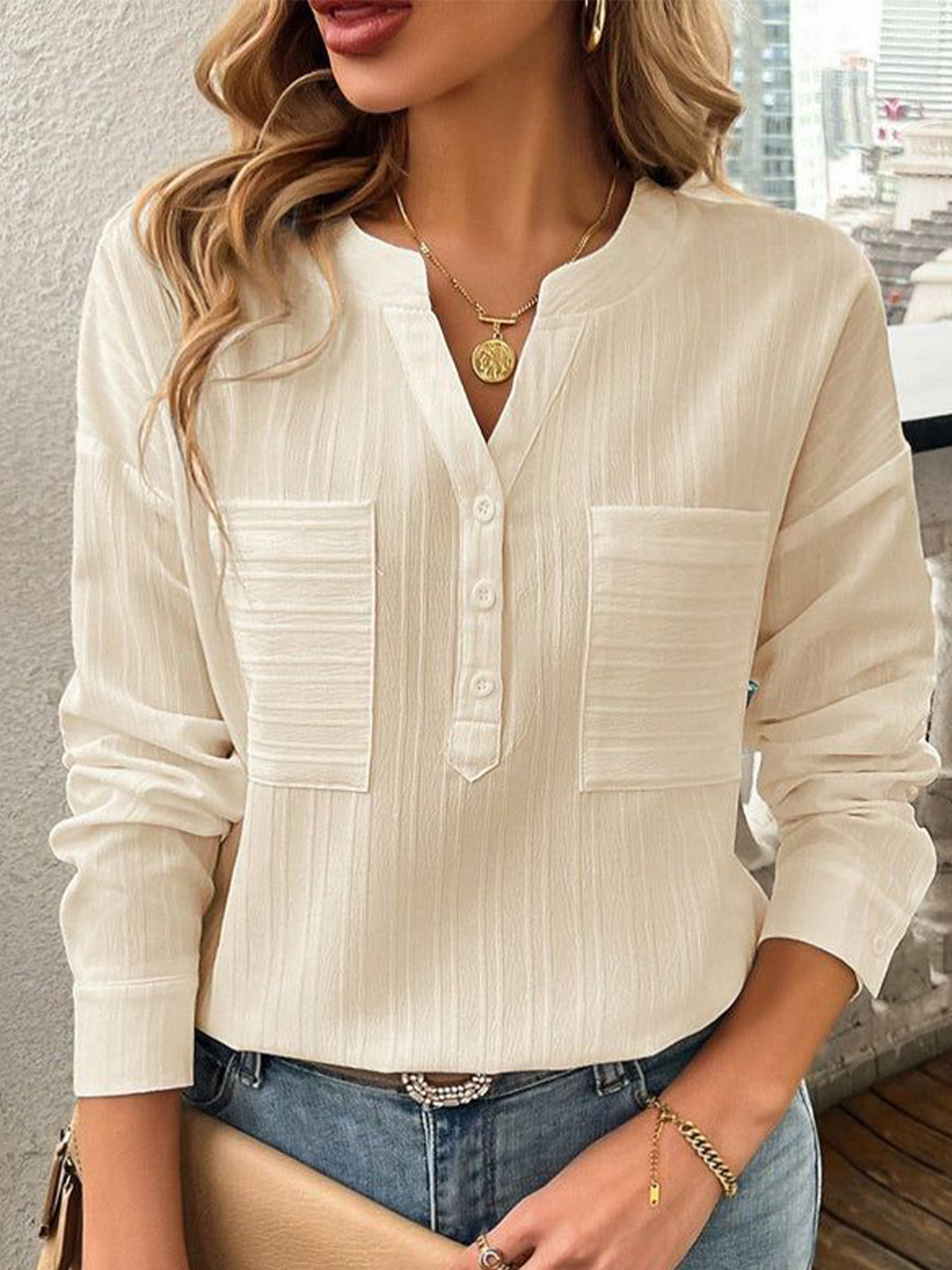 Cream Vertical Striped V-Neck Shirt Style Top